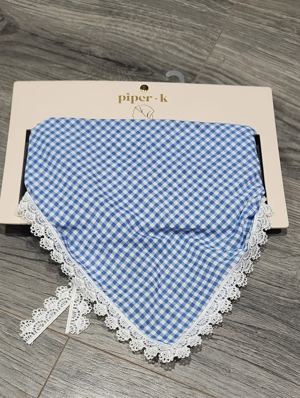 Piper Blue Gingham Bandana Bib with White Lace Trim